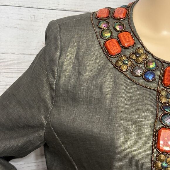 Boston Proper Beaded Linen Jacket Size 14 Metallic Sheen Orange Bronze - Picture 3 of 12